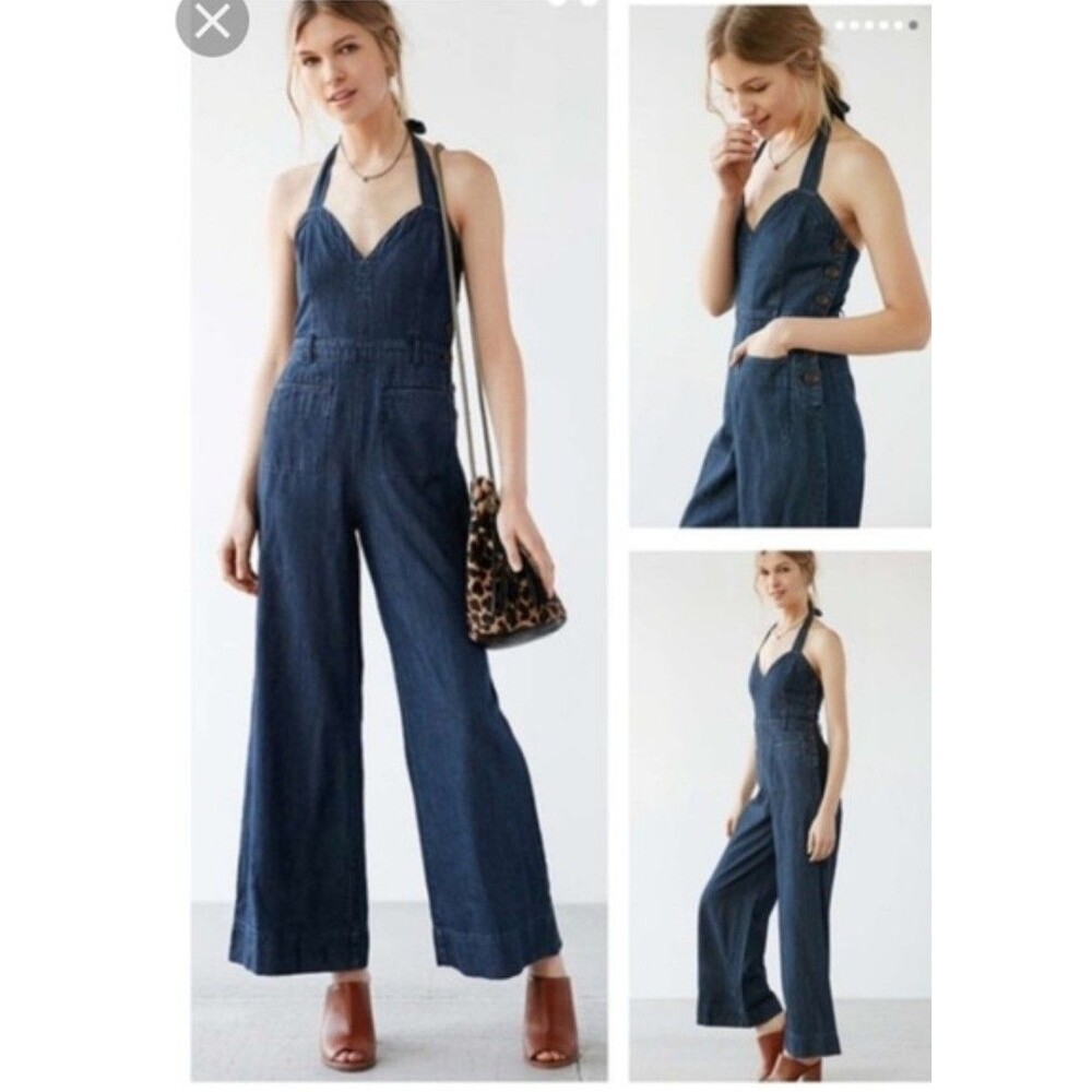 Cooperative Harley Chambray Denim Halter Wide Flare Leg Jumpsuit 0 Retro Pin Up